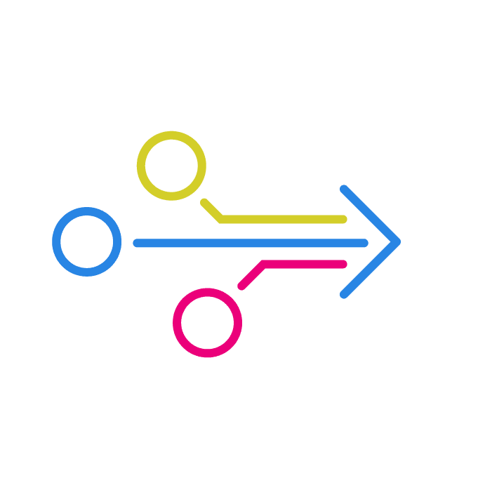 Chartreusem blue and magenta circles and lines converge to form an arrow signifying aligned momentum.